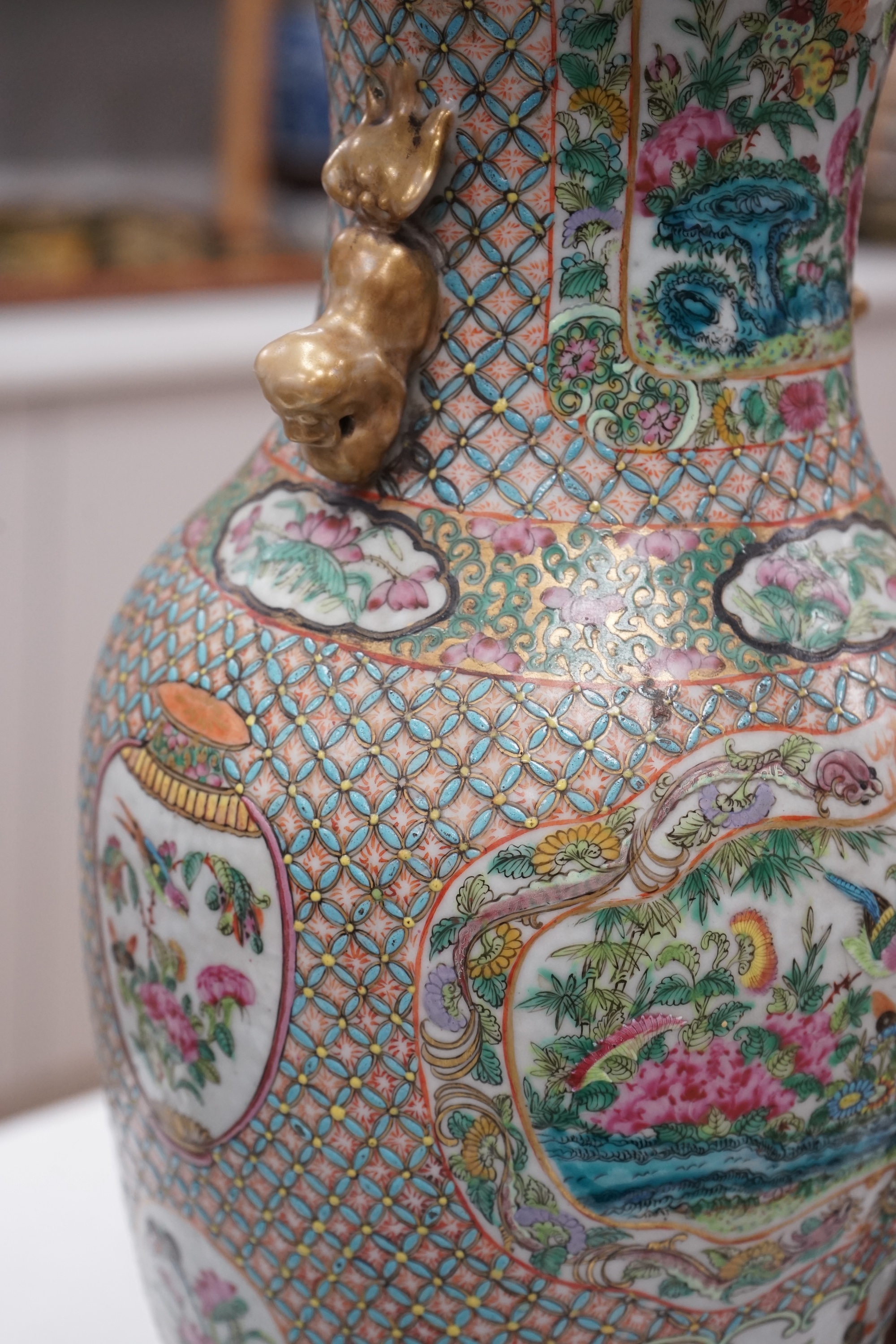 A Chinese enamelled porcelain vase, c. 1900, converted to a lamp with carves stand, 45.5cm high. Condition - good